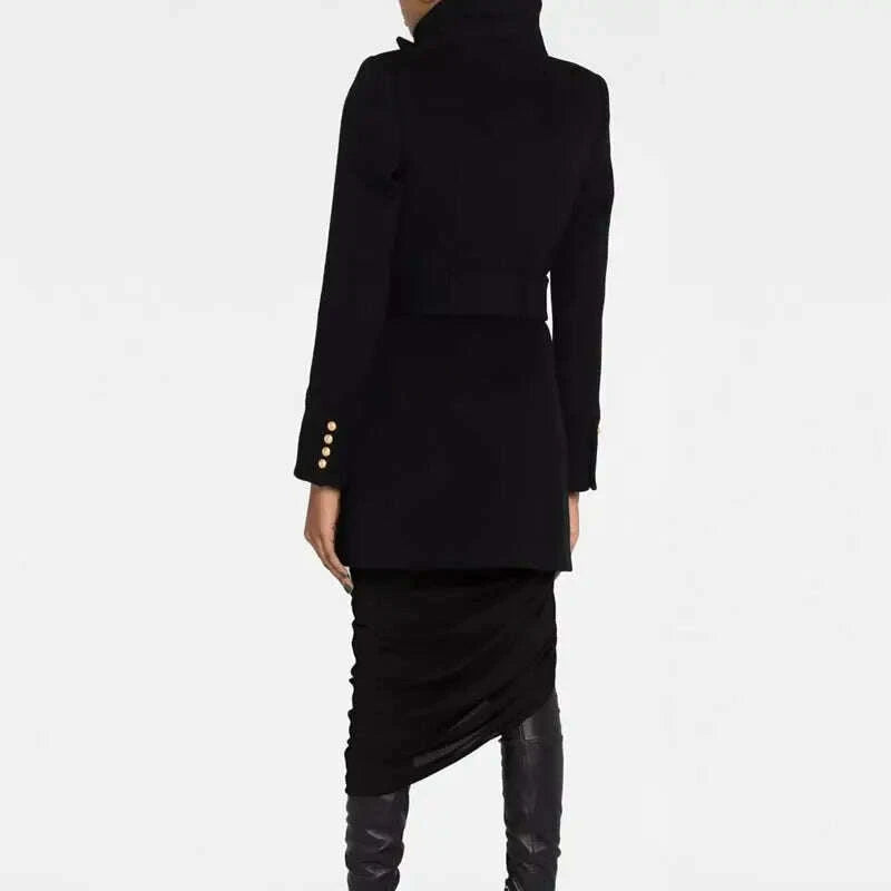 KIMLUD, Women New Winter Black Wool Coat Gold Double Breasted Long Sleeve Coat, KIMLUD Womens Clothes