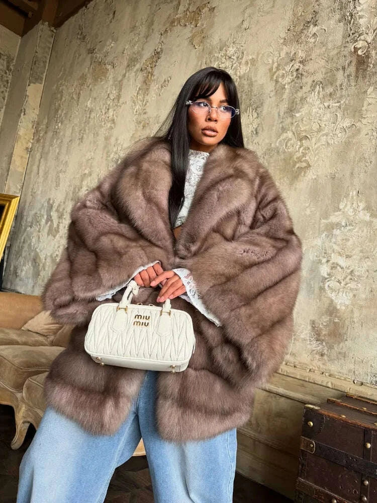 KIMLUD, Women Elegant Fake Fur Coat Bell Sleeve Lapel Suede Surface Girdle Coats Unique Luxury Temperament 2025 New Winter High Street, KIMLUD Womens Clothes