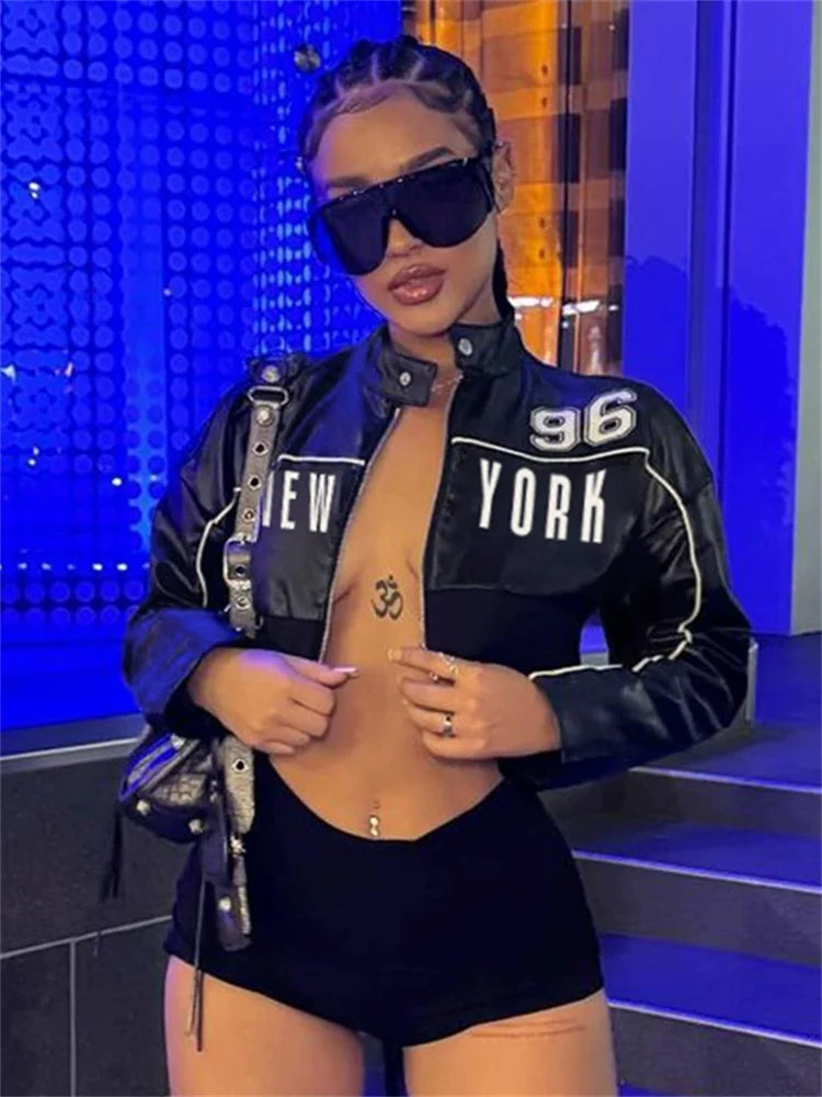 Stylish PU Patchwork Women Jacket - Letter Print Hipster Button Zip Crop Coat