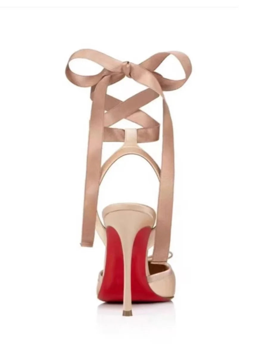 New ballet red soled high heels satin ribbon French bow women's shoes rose red cross strap sandals