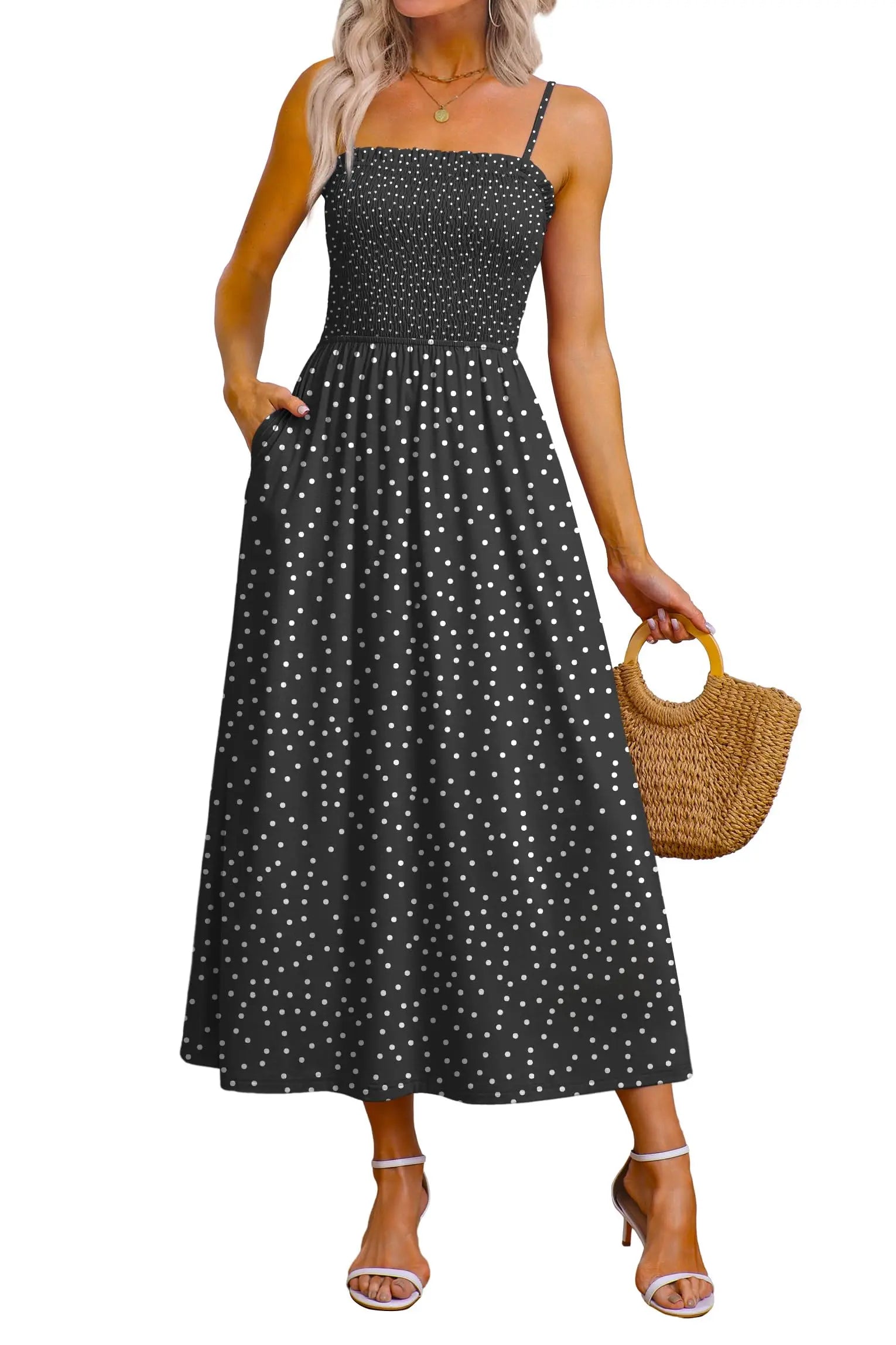 Spaghetti Strap Maxi Dress – Smocked Waist – Polyester Fiber | KIMLUD