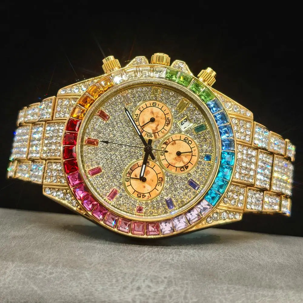 Gold Stainless Steel Watch Rainbow Diamond — Gold | KIMLUD