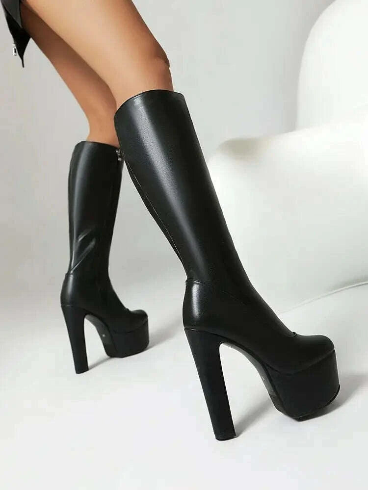 KIMLUD, Black Red White Women Knee High Boots Platform Thick High Heel Ladies Calf Boots PU Leather Square Toe Side Zipper Dress Shoes, KIMLUD Womens Clothes
