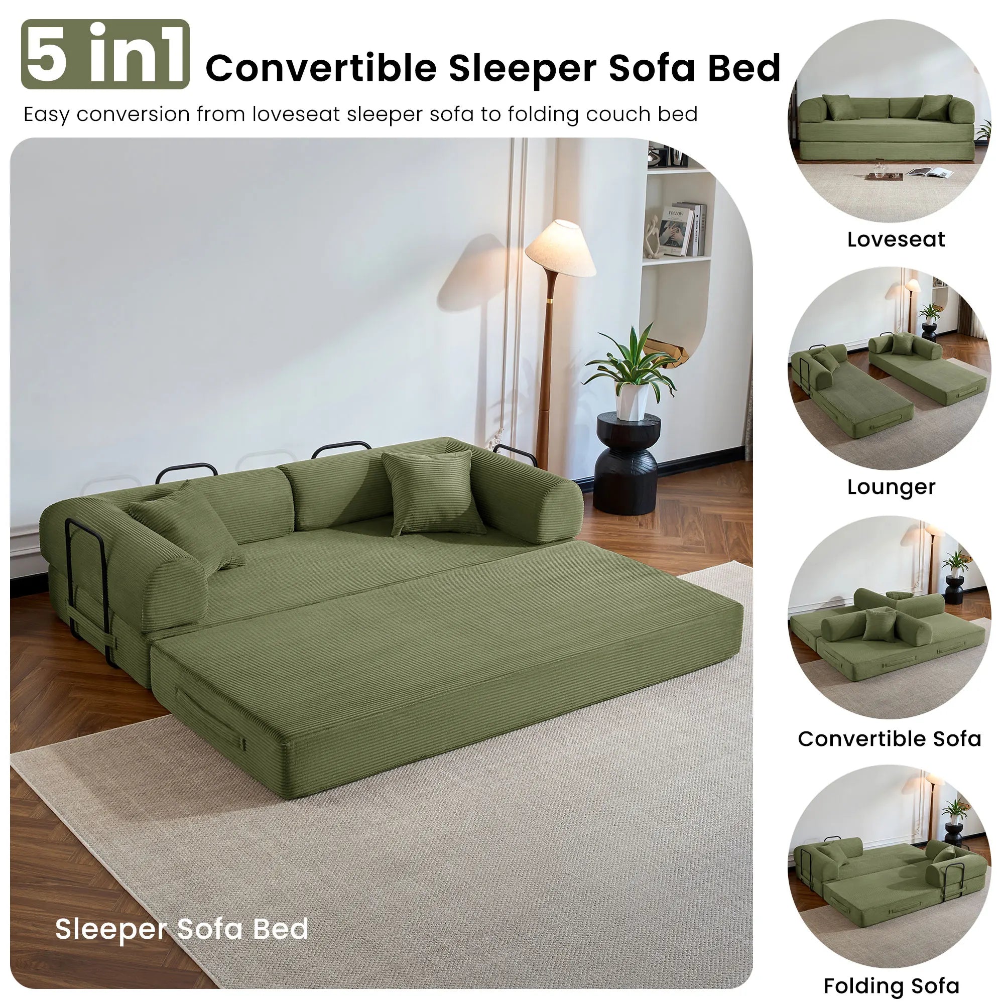 Corduroy Folding Convertible Sofa Bed — Olive | KIMLUD
