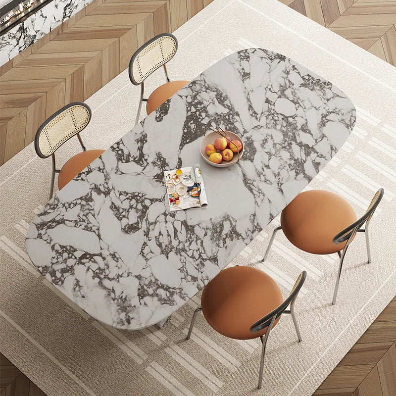 Luxury French Rectangle Marble Table, Cream Aesthetic Designer Villa Furniture, Trendy Natural Stone Dining Table