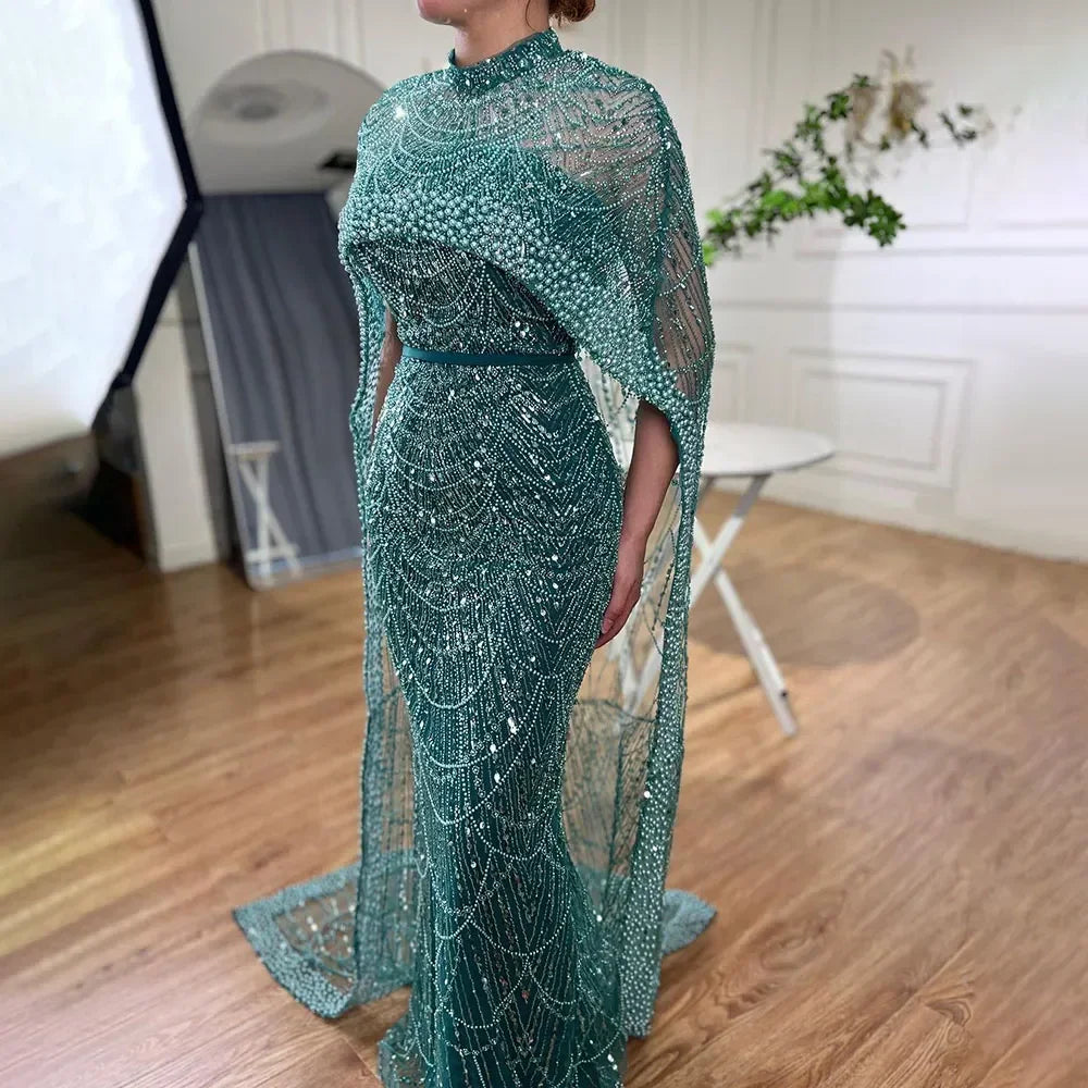 Beaded Gown With Mermaid Cape — Dubai Nude | KIMLUD