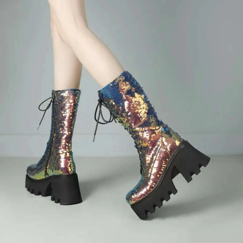 KIMLUD, NASBAVI Sequins Cloth Bling Shiny Green Fish Scale Pattern Lace-up Punk Goth Women Winter Shoes Chunky Heels Mid-calf Boots 43, KIMLUD Womens Clothes