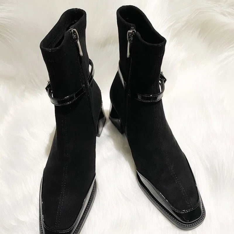 Square Toe Women's Retro Suede Skinny Boots 2025 Spliced Ankle Boots