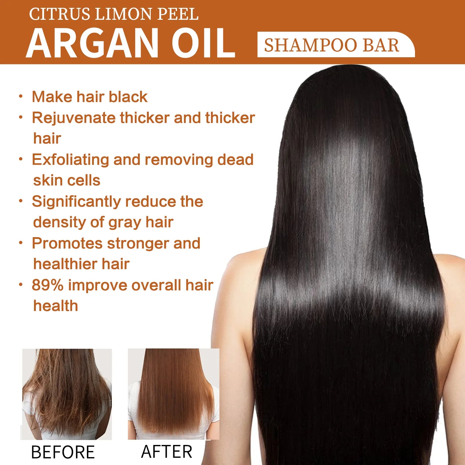 Argan Oil Shampoo Bar For Damaged Frizzy Hair Smooths Scalp, Nourishes Strands — Orange | KIMLUD