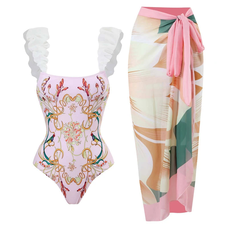 Halter Floral One Piece Swimsuit Skirt — Green | KIMLUD