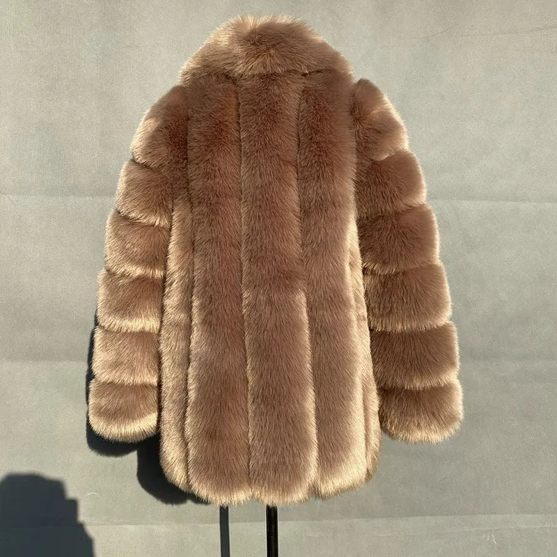 2025 Winter Women's Mid-Length Faux Fox Fur Coat Plush Luxe Warm faux fur Trench Elegant Thermal Outerwear Faux Fur Tops