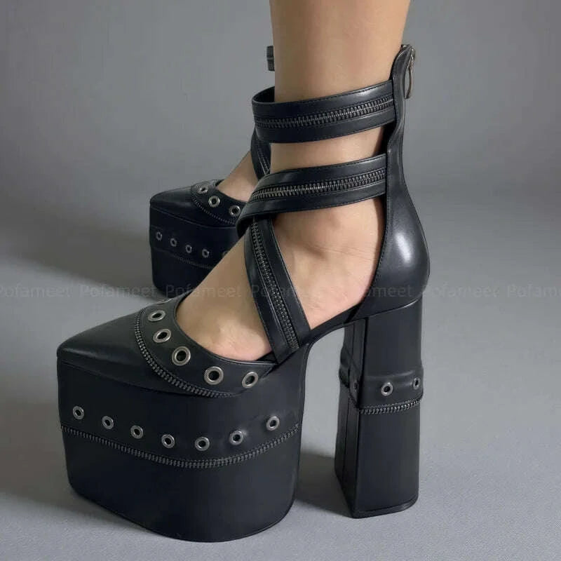 KIMLUD, Sexy Women Mary Janes Chunky Heel Pumps Platform Shoes Pointed Toe Ankle Cross Strap Chain Decor Dress Shoes High Heel Sandals, KIMLUD Womens Clothes