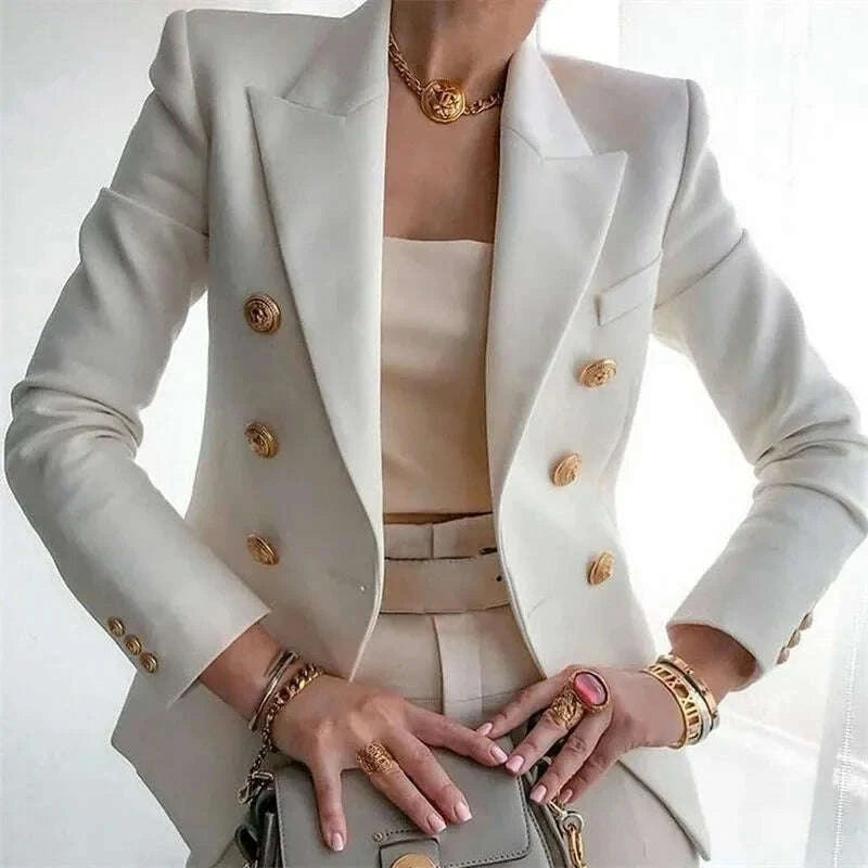 KIMLUD, Women's Elegant Metal Buckle White Suit Jacket Casual Office lady Blazer High-end Feel Western-style Clothe, KIMLUD Womens Clothes