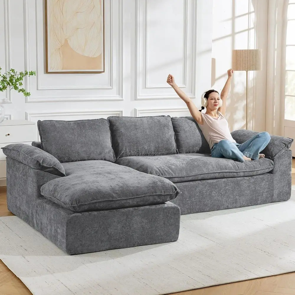 Chenille L-Shaped Sofa Memory Foam Cushions — Grey | KIMLUD