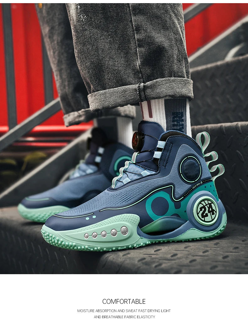 Rotary button shock-absorbing anti-slip wear-resistant sports shoes youth sports students high top basketball shoes male
