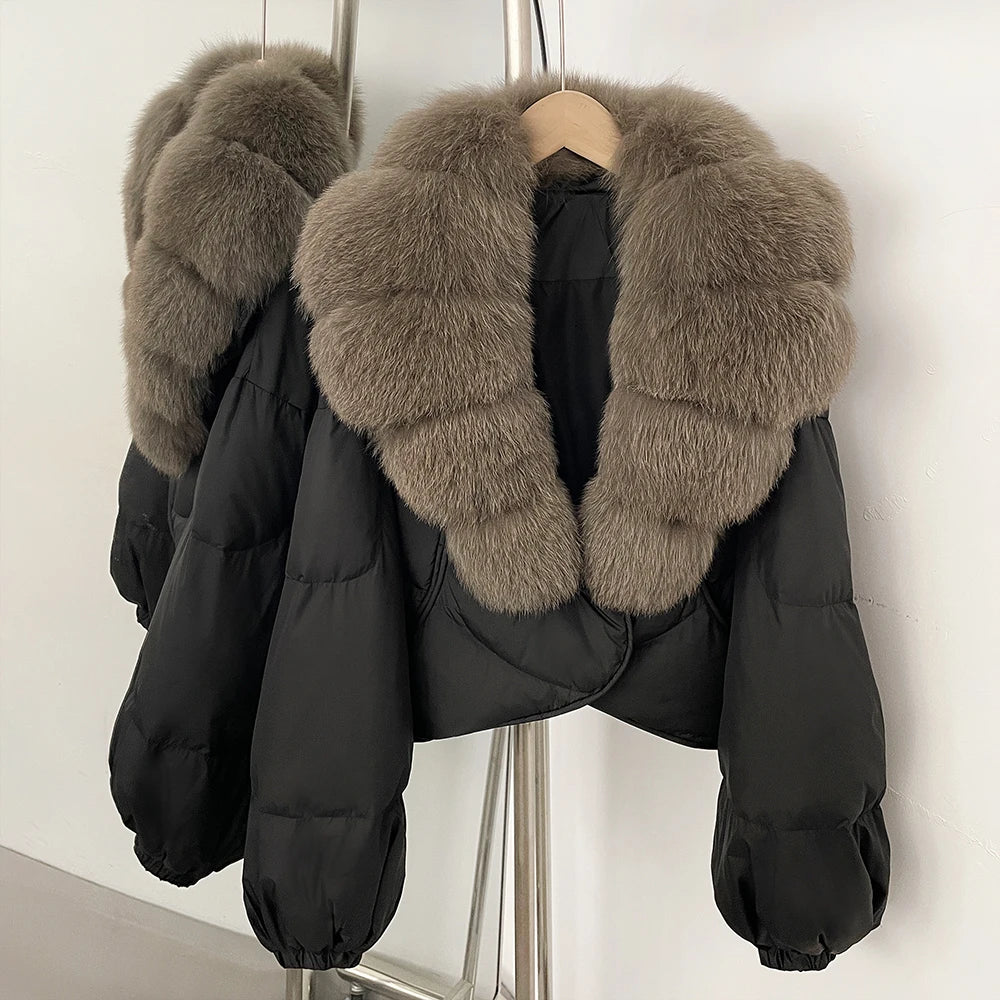 Down Coat – Real Fox Fur Trim – Duck Down – Natural | KIMLUD