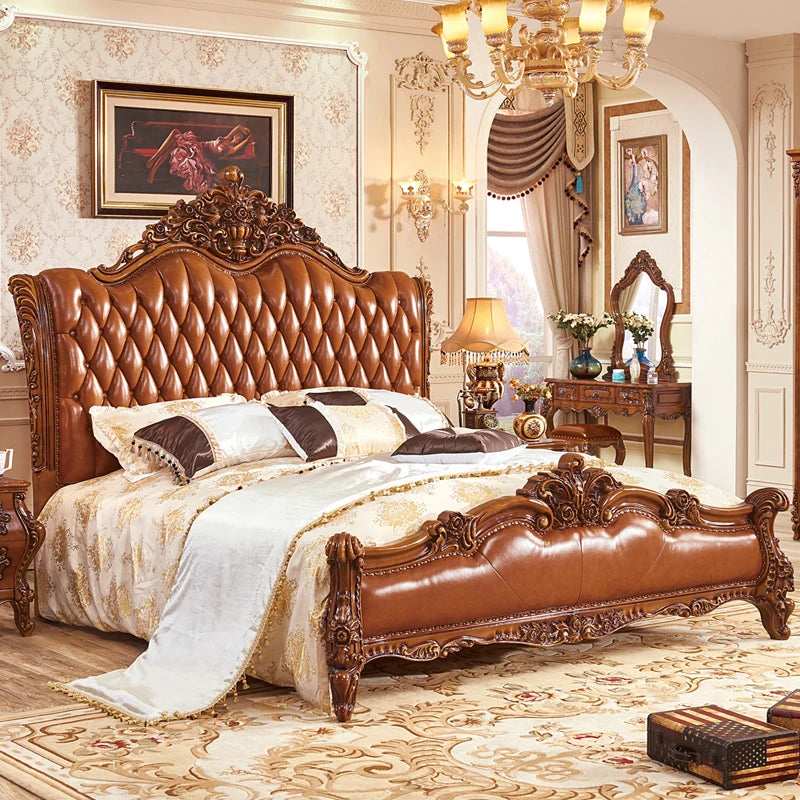 Genuine Leather Bed Romantic Design — Cognac Brown | KIMLUD
