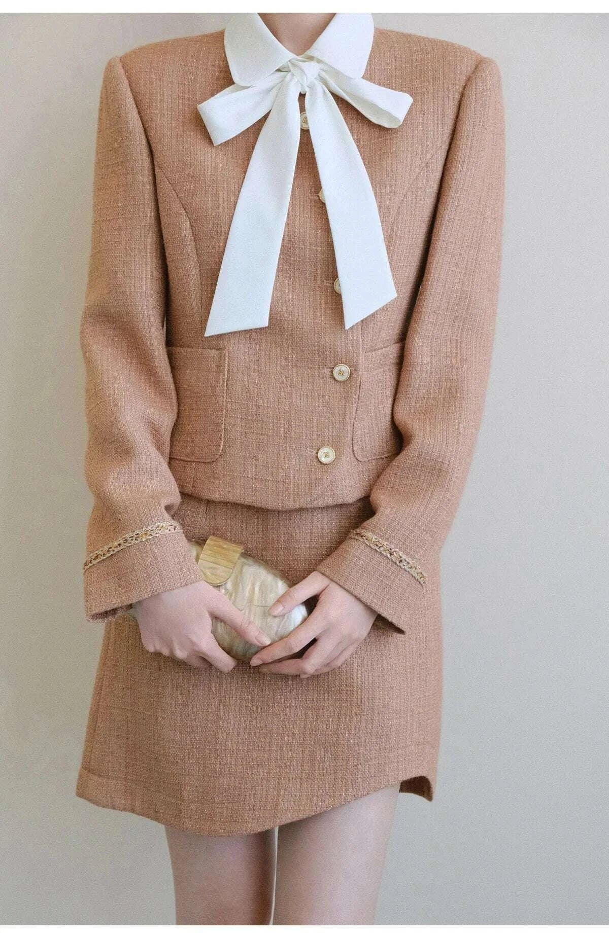 KIMLUD, XXNING Luxury Faion Set Women's Autumn Winter ort Coat Skirt Two-Piece Suit Ele Lady Sle Knot Design, KIMLUD Womens Clothes