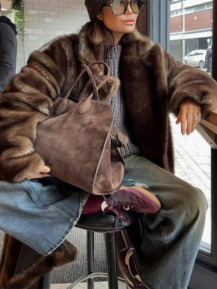 Faux Fur Coat – Turn-Down Collar – Man-Made Fiber – Mixed Color | KIMLUD