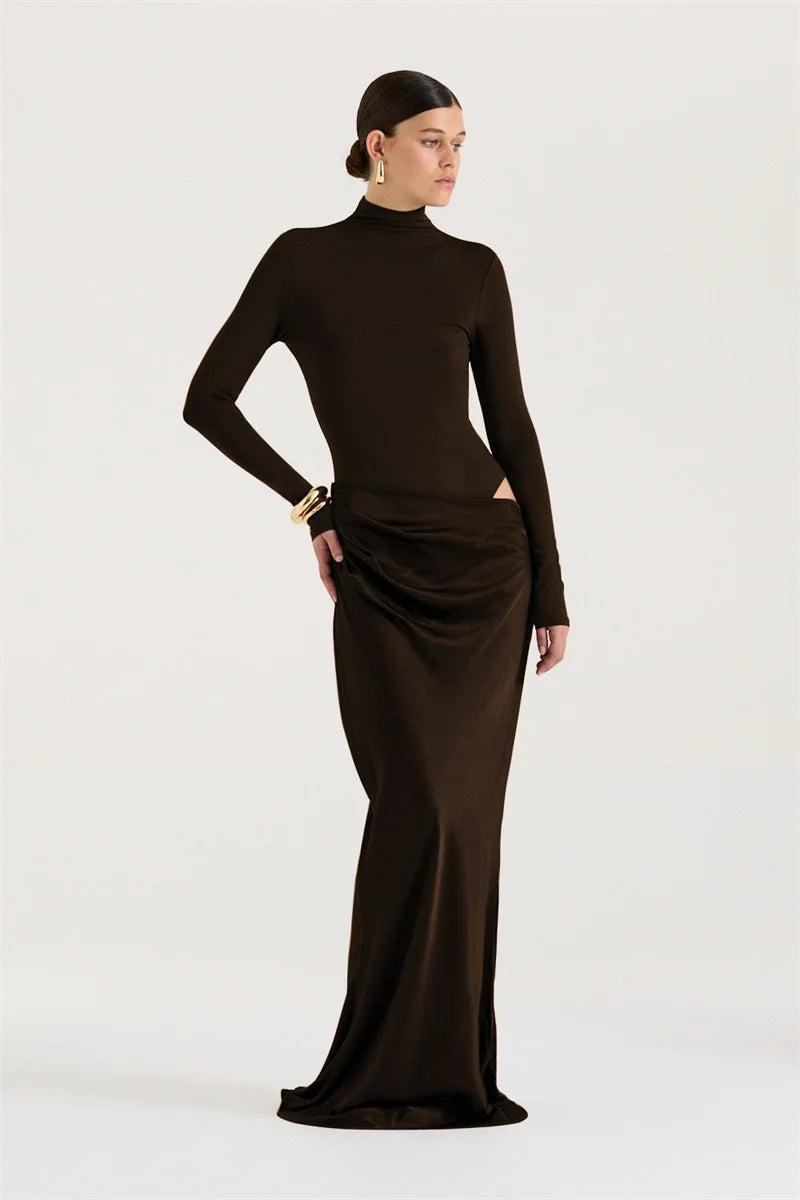 Mozision Autumn Long Sleeve Sexy Maxi Dress Women Fashion Hollow Out Turtleneck Ruched Bodycon Club Party Long Dresses Female