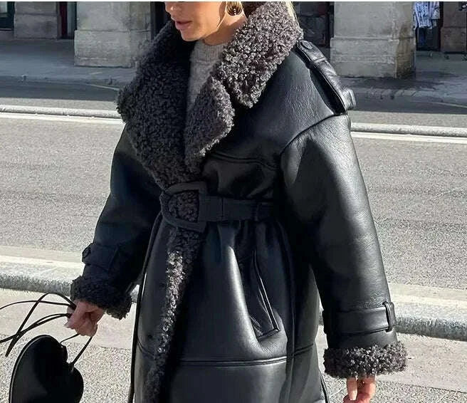 KIMLUD, Faux Fur Leather Long Jacket Women Lapel Long Sleeve Belt Thicken Female Coats Winter Fashion Street Patchwork Lady Outwear, KIMLUD Womens Clothes
