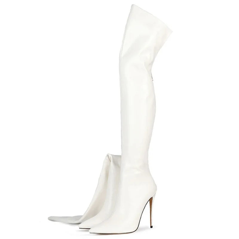 Back Zipper Slim Leg Thigh Boots For Woman 2025 New Pointed 12CM Thin High Heels Glossy Leather Black Over The Knee Women Boots