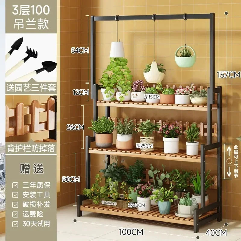 Bamboo Square Outdoor Plant Shelf Rack Five-Tier Display for Garden Outdoors — Black | KIMLUD