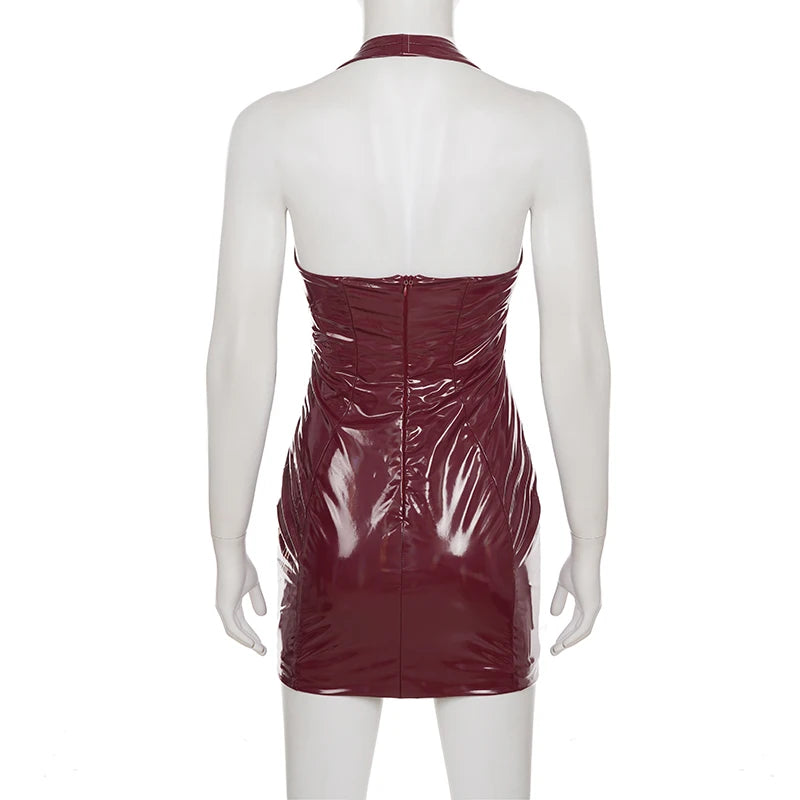 PU Leather Bodycon Dress Deep V-Neck Sleeveless Backless Ultra-Slim Fit — Burgundy | KIMLUD