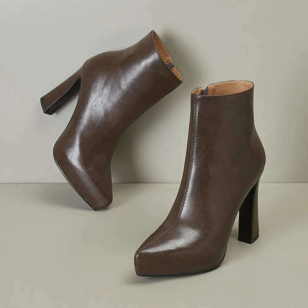 KIMLUD, MILI-MIYA New Arrival Middle Splicing Women Cow Leather Ankle Boots Pointed Toe Thick Heels Zippers Solid Color Handmade, KIMLUD Womens Clothes