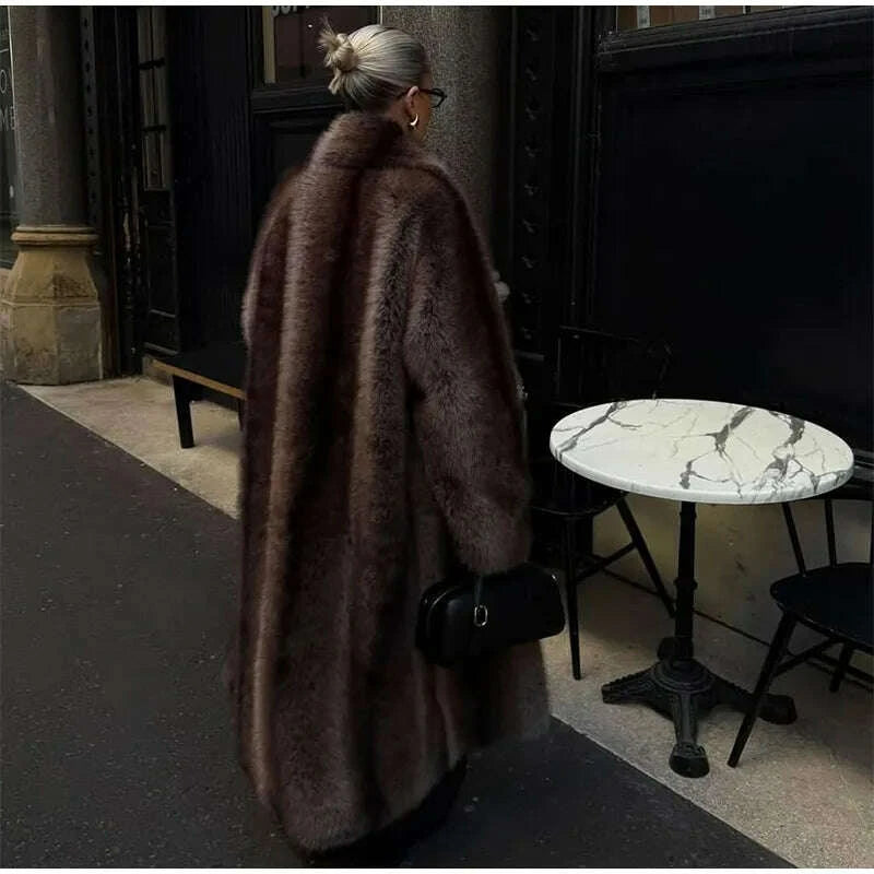 Fashion Brown Faux Fur Overcoat Women Luxury Lapel Long Sleeve Fluffy Coat 2025 Winter Female Thicken Warm High Street Outwear