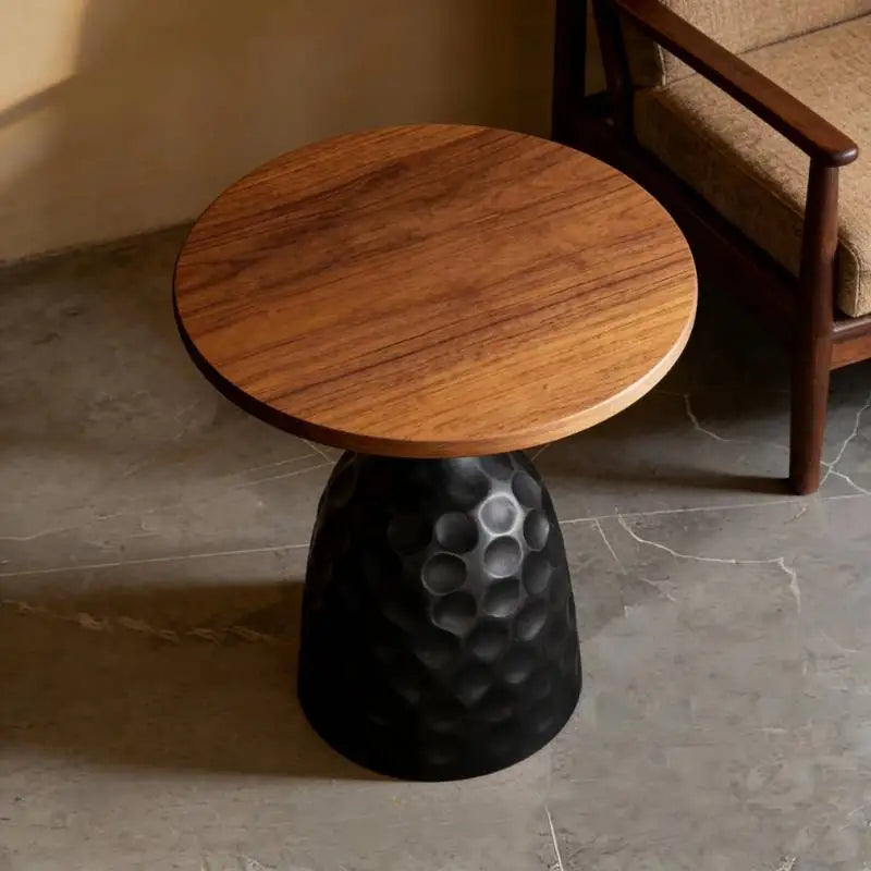 Minimalist Round Solid Wood Coffee Table With Sculptural Matte-Black Base — Black | KIMLUD