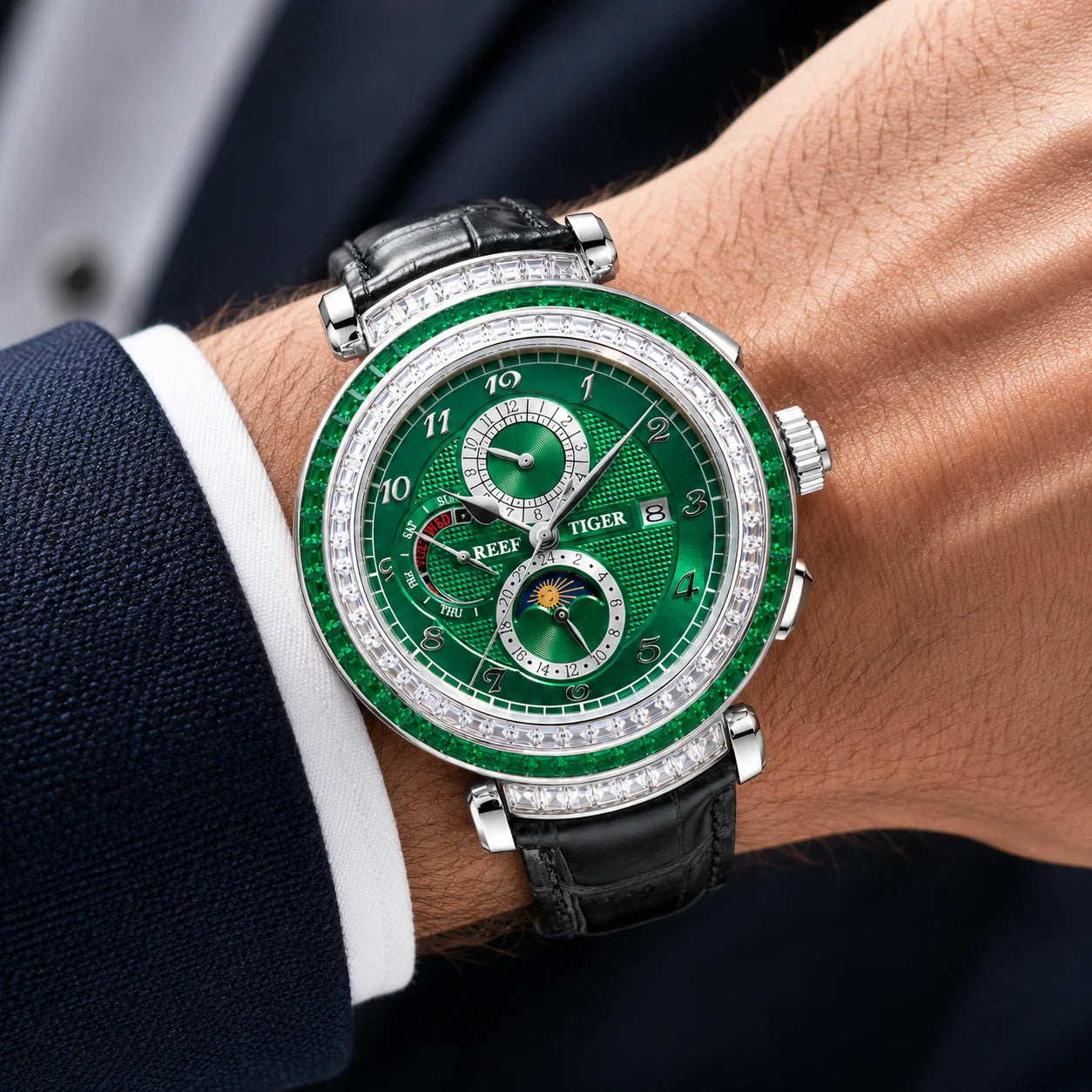 Men's Dress Watch – Moon Phase Date – Leather Strap – Green | KIMLUD