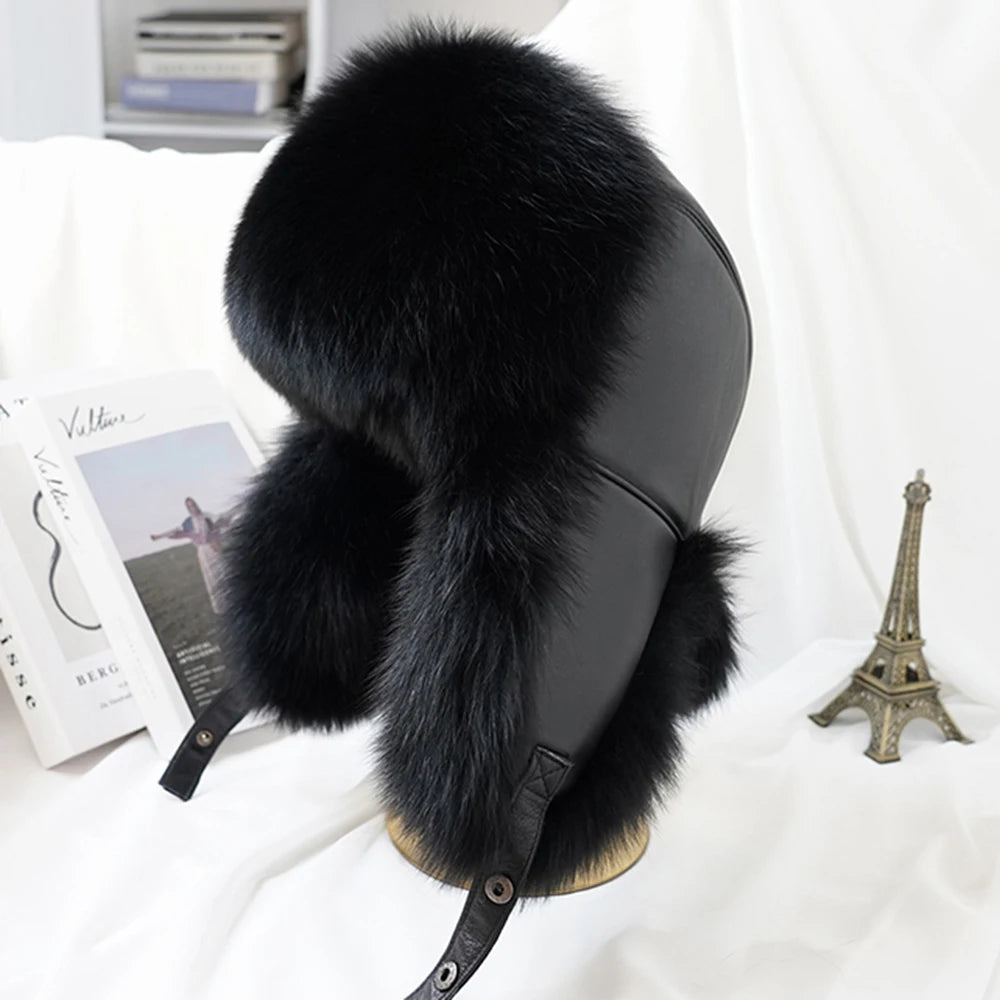 Fashion Winter Men's 100% Real Silver Fox Fur Bomber Hat Raccoon Fur Ushanka Cap Trapper Russian Man Ski Hats Caps Real Leather
