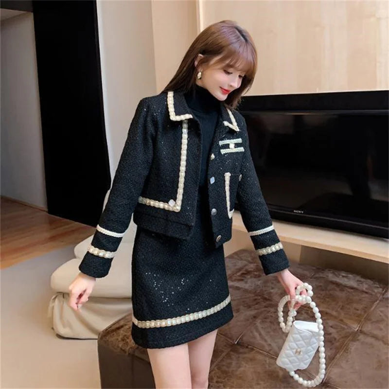 Two Piece Wool Jacket and Mini Skirt Set – Xiaoxiang Style – Wool | KIMLUD
