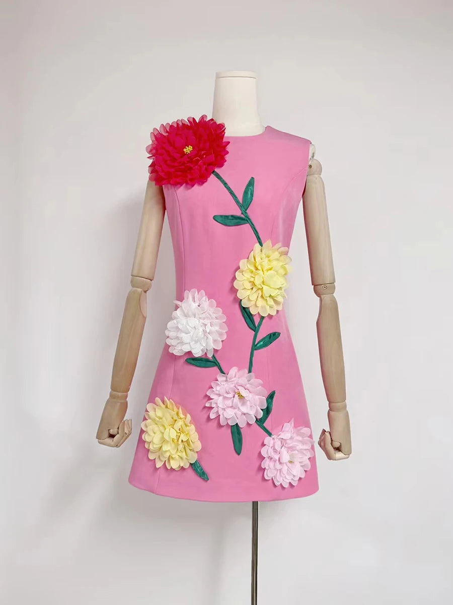 TWOTWINSTYLE hit color spliced appliques slimming dresses for women o neck sleeveless high waist temperament mini dress female