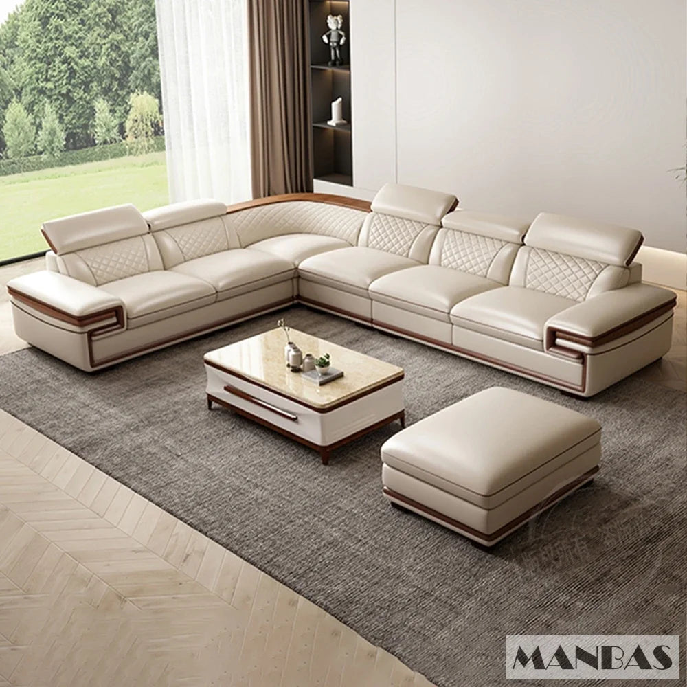Genuine Italian Leather Sofa Set With Adjustable Headrests — Ivory | KIMLUD
