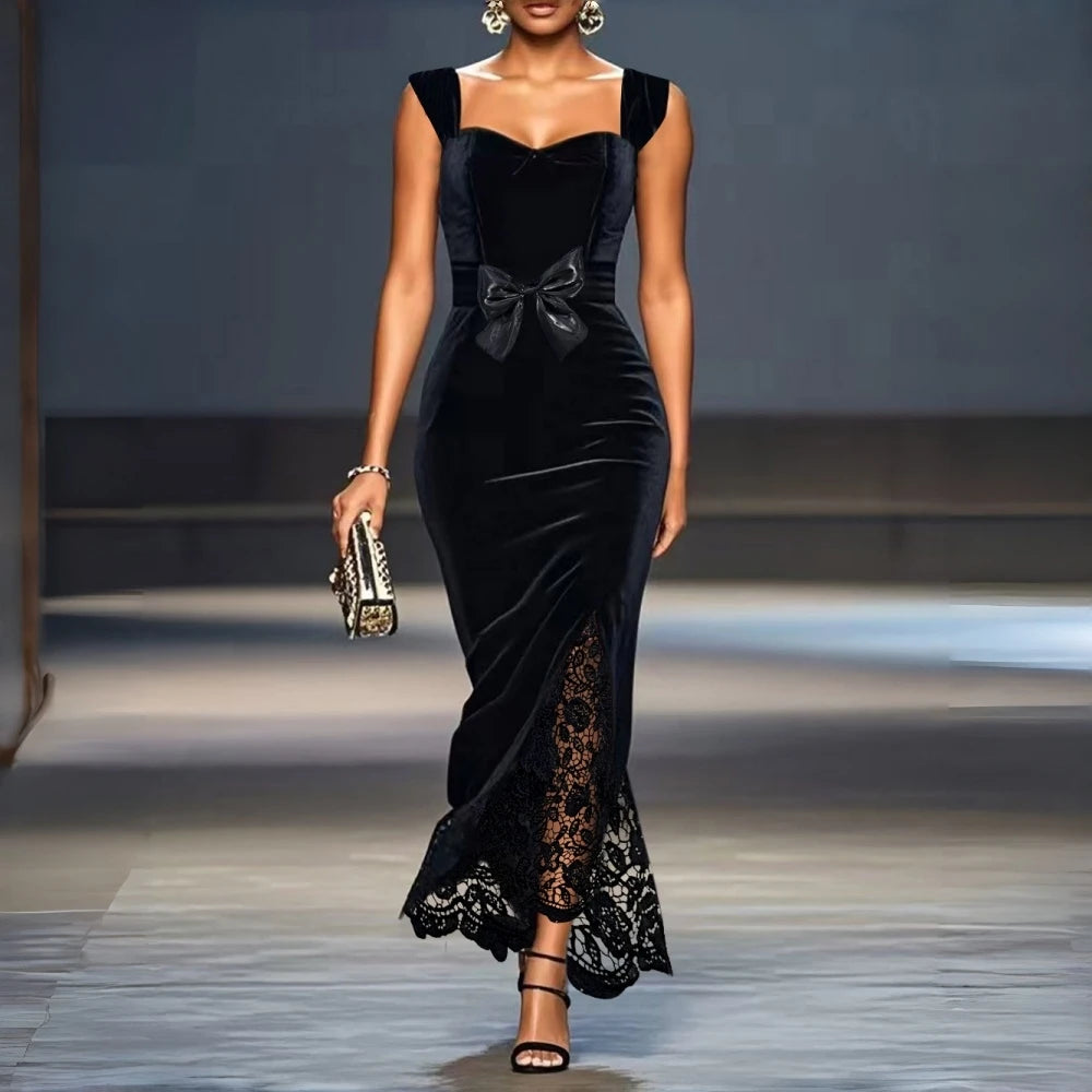 Velvet Maxi Dresses With Bow Waist Lace Patchwork — Black | KIMLUD