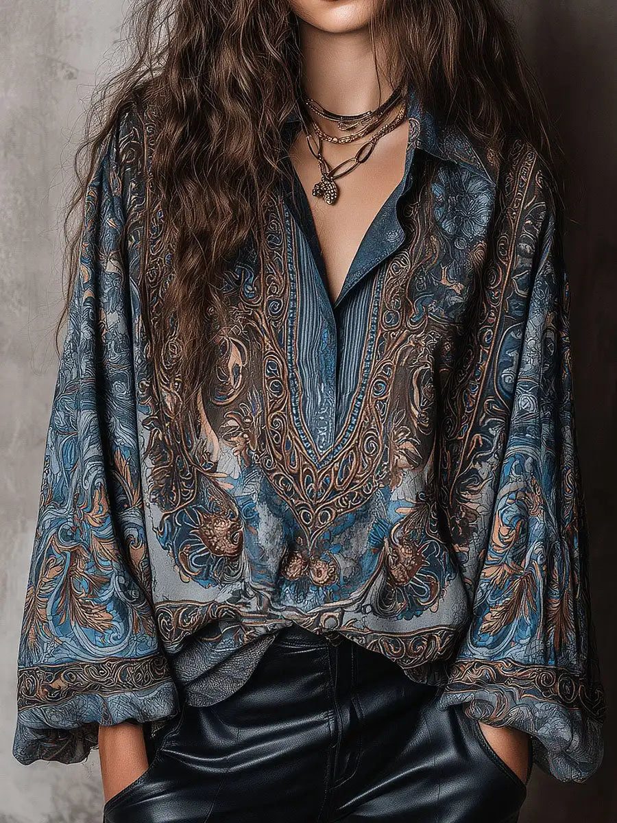 Retro Blue Paisley Print Loose Blouse Women Lapel Button Long Sleeve Basic Shirts Casual Beach Bohemian Tops blusas femmes