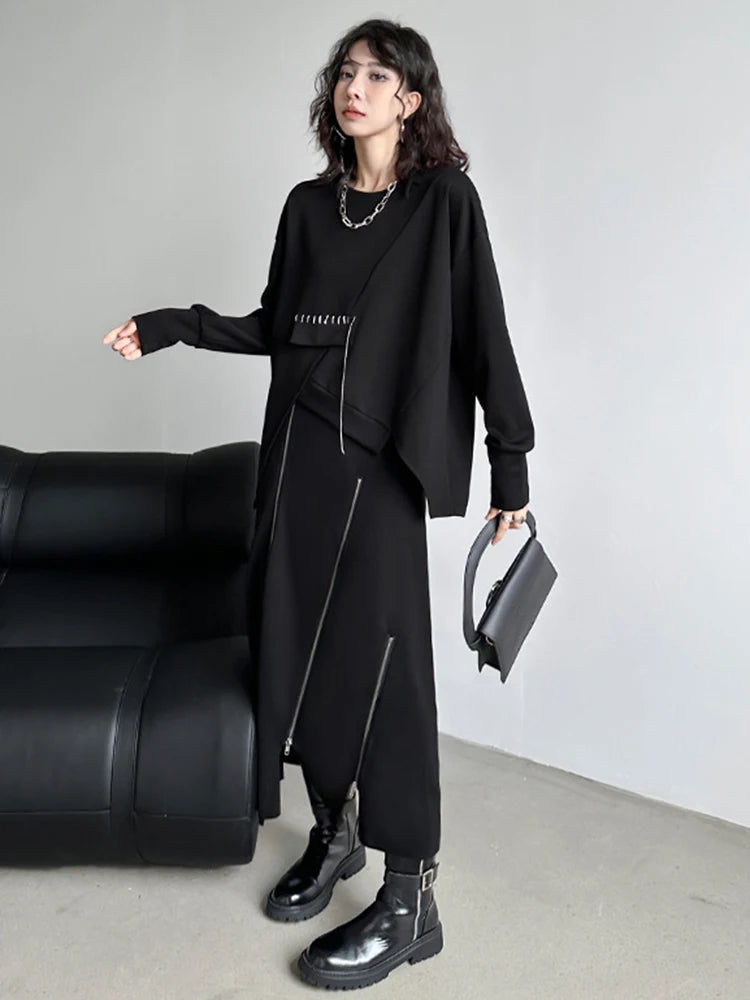 Sweatshirt - Topstitched Irregular Hem - Jersey - Black | KIMLUD