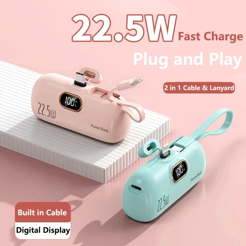 Portable Mini Power Bank Type C Plug Built in Cable 22.5W Fast Charging for iPhone Samsung Xiaomi External Battery