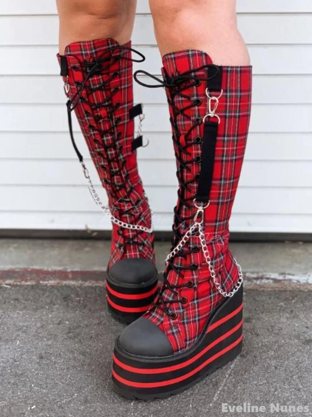Canvas red Check Platform Knee high Boots Women Metal Chain Round Toe Wedges Cross Tied Lolita Heighten Shoes Lovely Sexy Boots