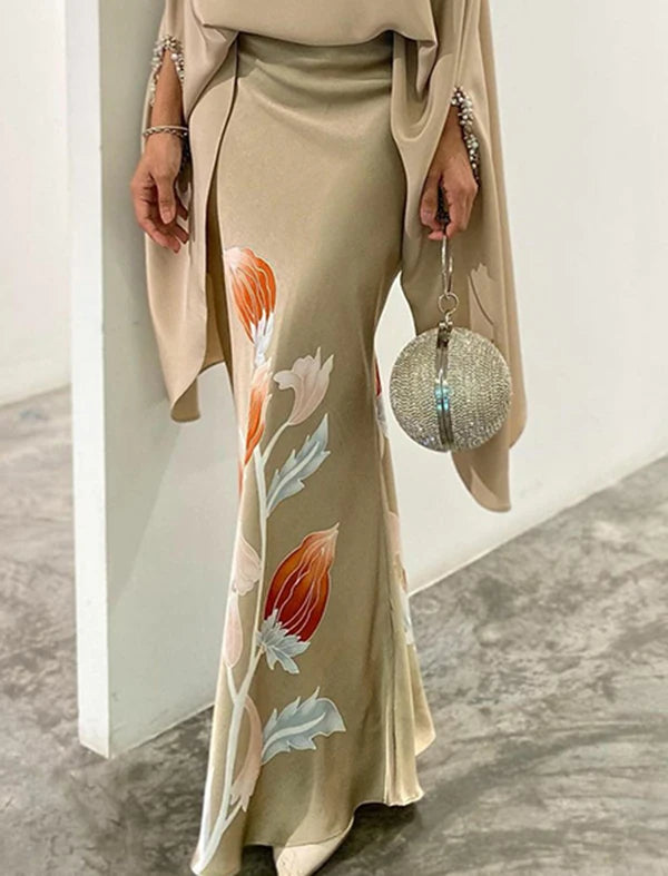Modigirl Women's Elegant Two Pieces Set 2025 New Batwing Sleeves Wrap Shirt Top High Wiast Floral Printed Skirts Evening Suits