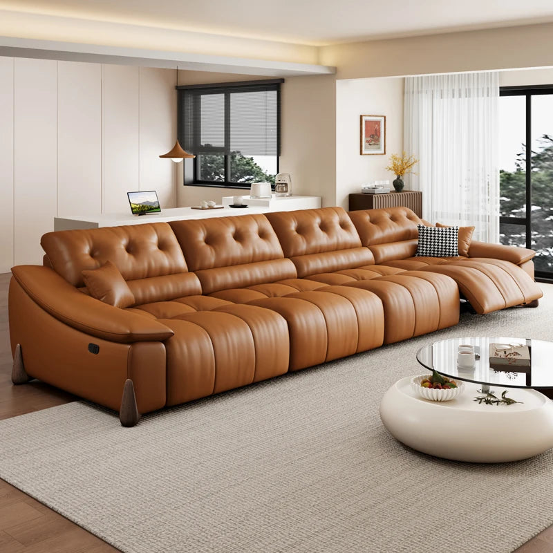 Leather Minimalist Sofa Bed With Hand-Finished First Layer Cowhide And Subtle Italian Hardware — Caramel Brown | KIMLUD