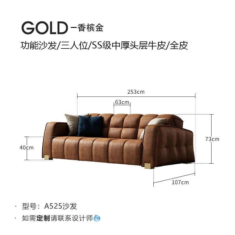 Leather Minimalist Sofa Bed Multifunctional Design Premium Italian Leather — Caramel | KIMLUD