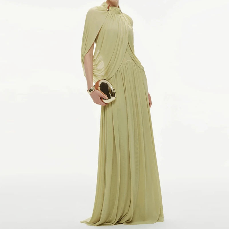 Brocade Gown Cross-Sleeved Ruched Form-Fitting With O-Neck And Ankle-Length Silhouette — Champagne Yellow | KIMLUD