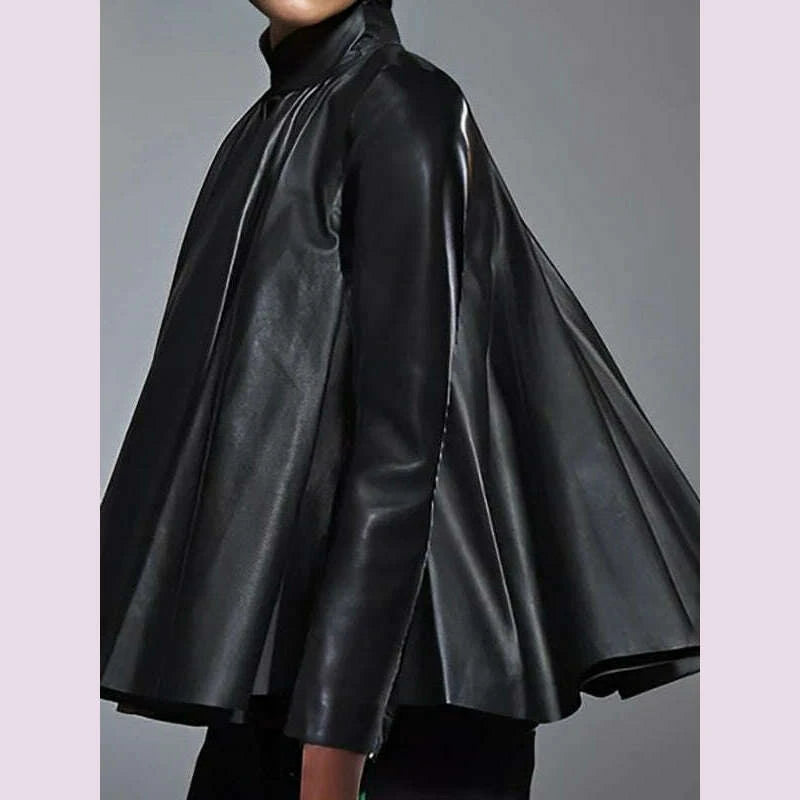 yeezzi-womens-black-faux-leather-stand-collar-tops-2025-new-long-sleeve-fashion-big-hemline-solid-color-pleated-a-line-blouse-kimlud-kimlud-33912217