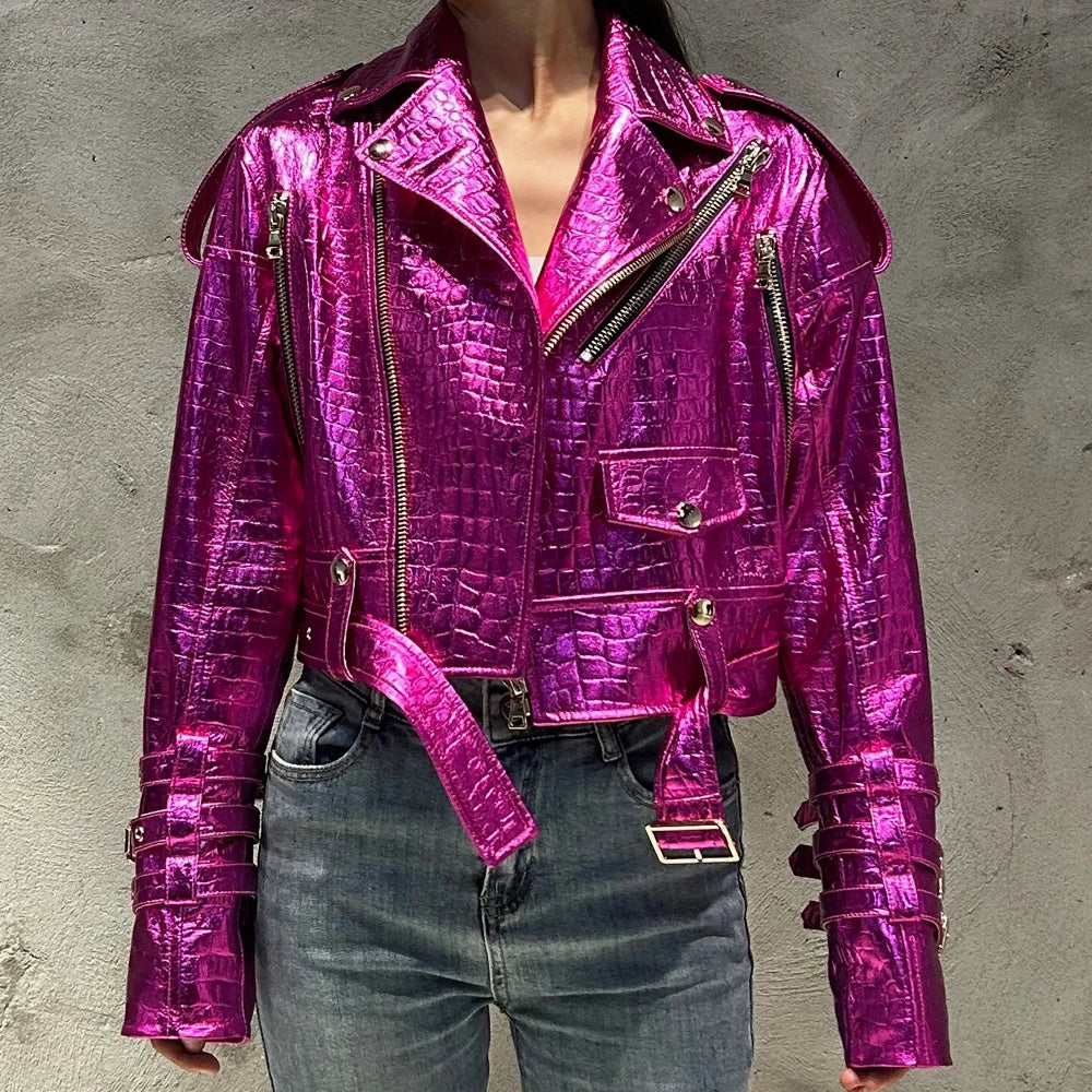 Shiny Blue Women Leather Jacket Real Lambskin Leather Cloth Streetwear Leather Jackets