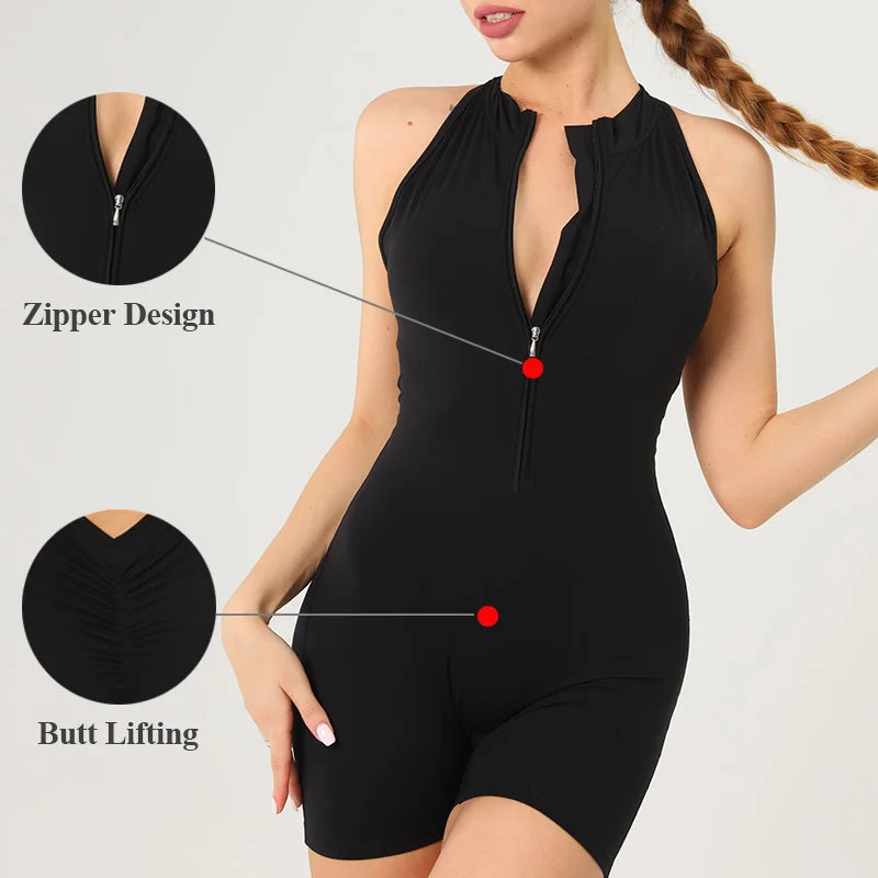 Nylon-Spandex Scrunch Gym Jumpsuit — Black | KIMLUD