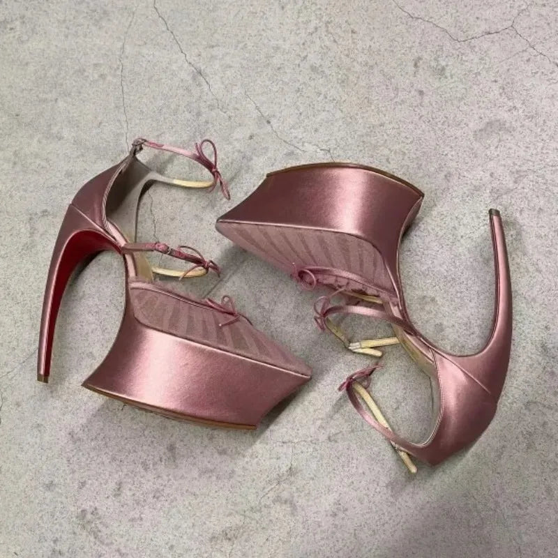 PU Stiletto Sandals Silk Bow Buckle — Soft Pink | KIMLUD