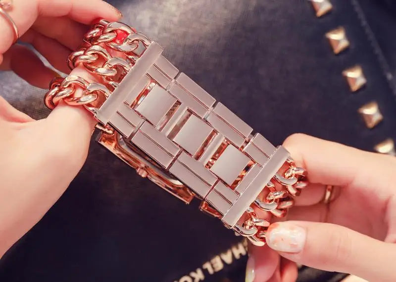 Bracelet Watch - Three Chain Rhinestone - Alloy Case - Golden | KIMLUD